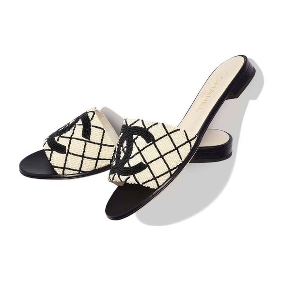 Chanel 20P Black White Pearl Embroidery CC Logo Slide Slip Sandal Mule Flat 36 - Picture 13 of 16